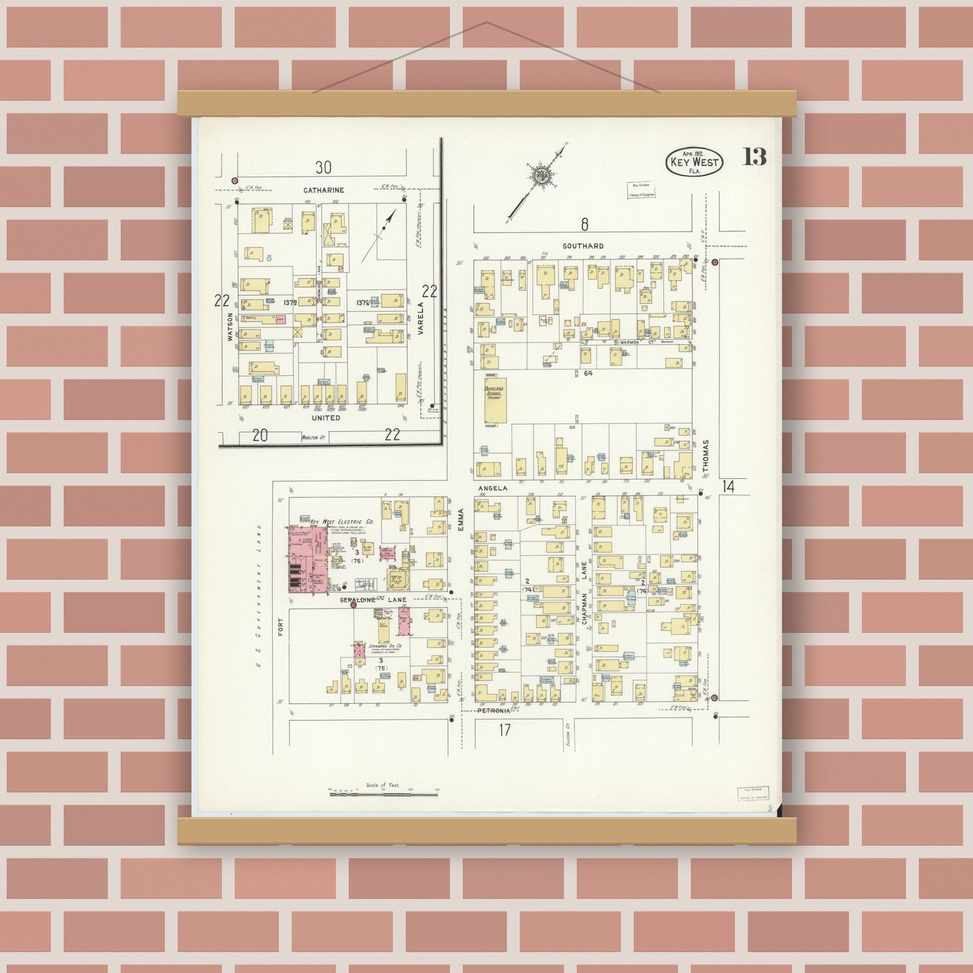 Old map wall art mockup — magnetic wood frame on brick wall — Sanborn Fire Insurance Map from Key West, Monroe County, Florida (1912), Sheet #0013