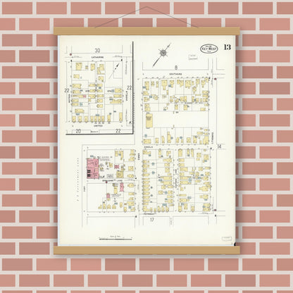 Old map wall art mockup — magnetic wood frame on brick wall — Sanborn Fire Insurance Map from Key West, Monroe County, Florida (1912), Sheet #0013