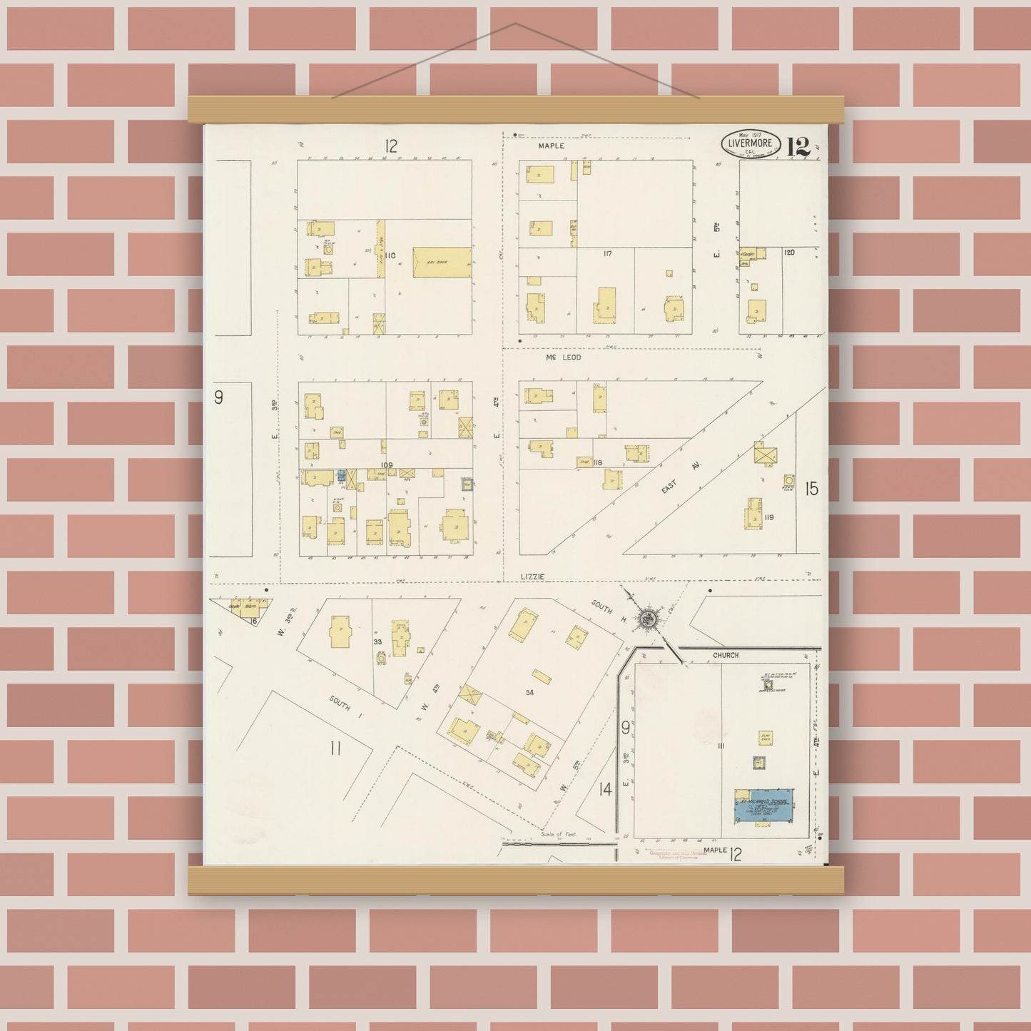 Old map wall art mockup — magnetic wood frame on brick wall — Sanborn Fire Insurance Map from Livermore, Alameda County, California (1917), Sheet #0012