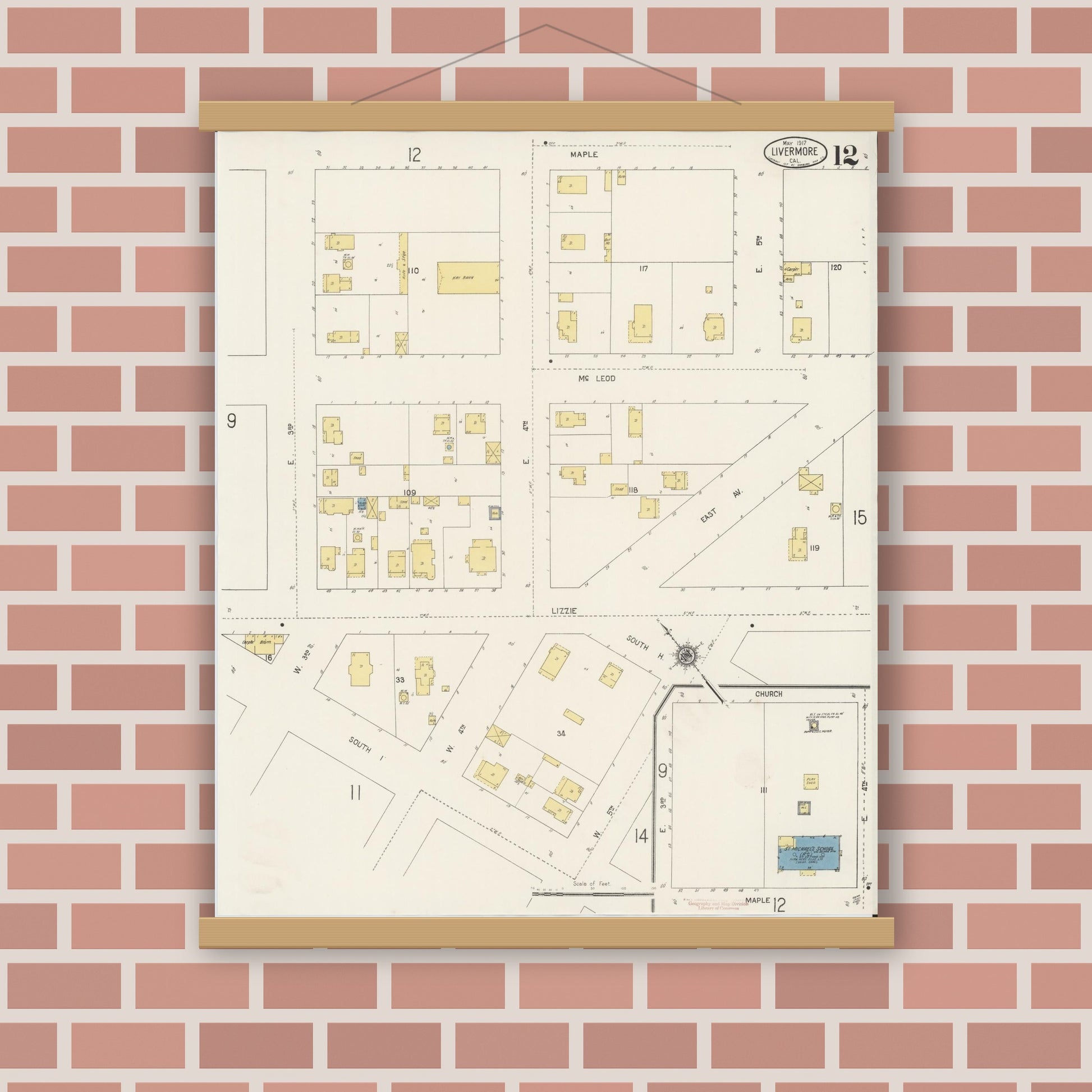 Old map wall art mockup — magnetic wood frame on brick wall — Sanborn Fire Insurance Map from Livermore, Alameda County, California (1917), Sheet #0012