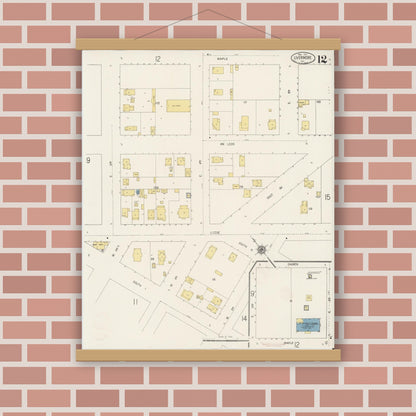 Old map wall art mockup — magnetic wood frame on brick wall — Sanborn Fire Insurance Map from Livermore, Alameda County, California (1917), Sheet #0012