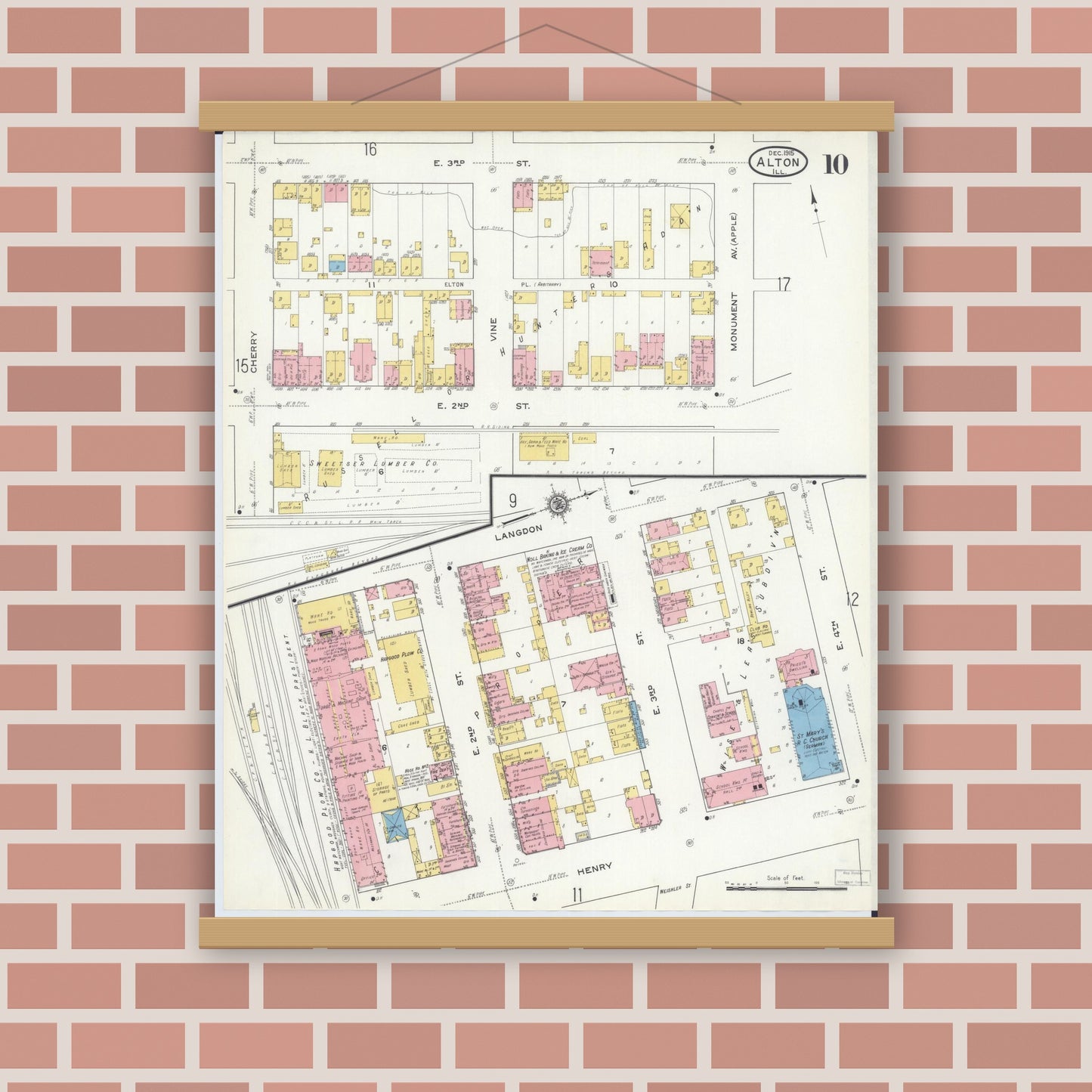 Old map wall art mockup — magnetic wood frame on brick wall — Sanborn Fire Insurance Map from Alton, Madison County, Illinois (1915), Sheet #0010