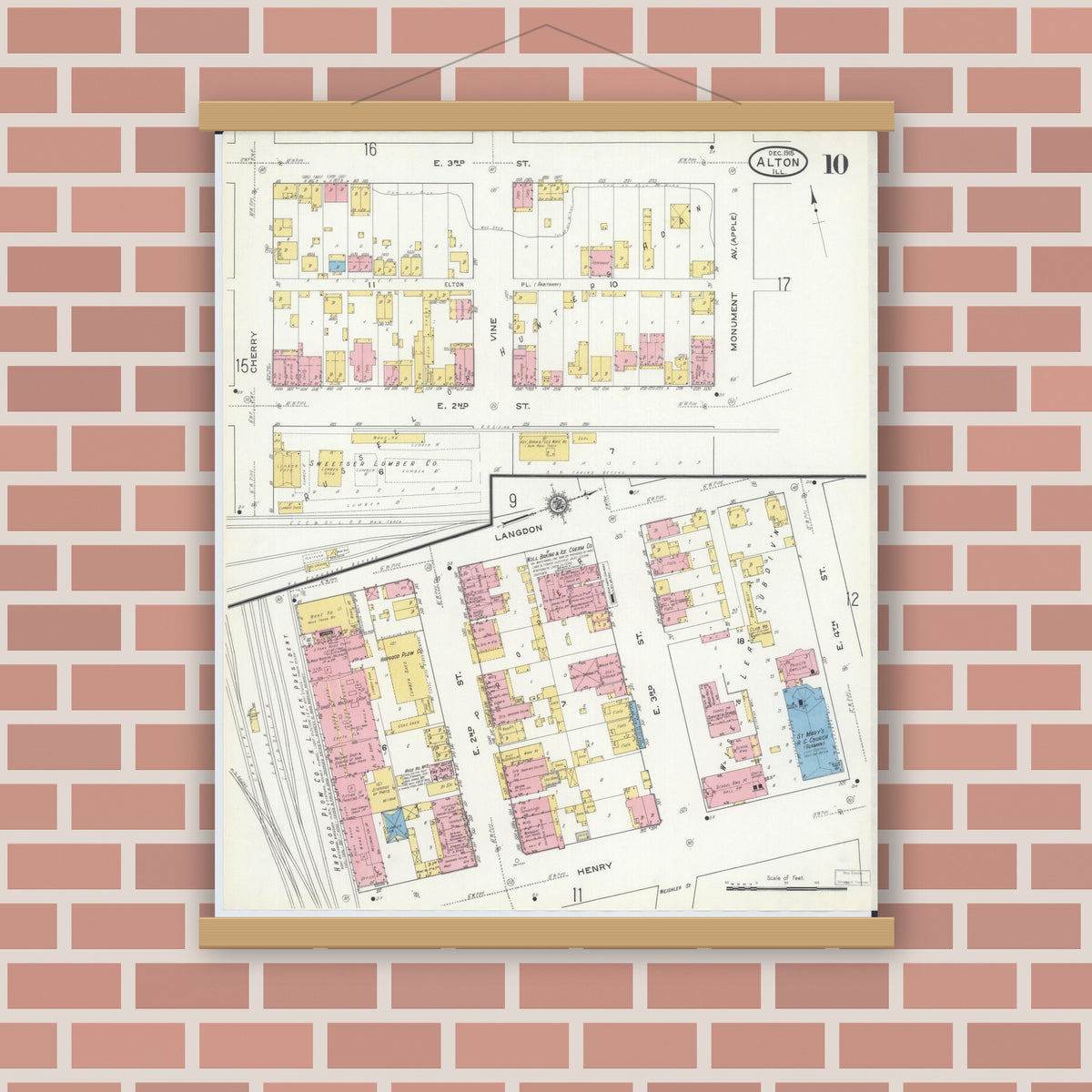 Old map wall art mockup — magnetic wood frame on brick wall — Sanborn Fire Insurance Map from Alton, Madison County, Illinois (1915), Sheet #0010