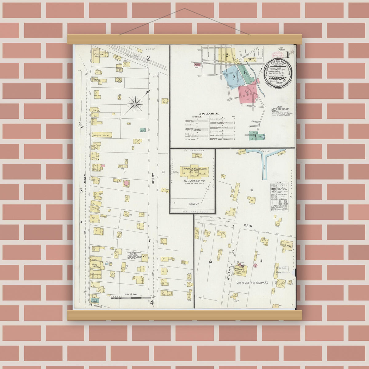 Old map wall art mockup — magnetic wood frame on brick wall — Sanborn Fire Insurance Map from Freeport, Nassau County, New York (1897) - Complete Map Set