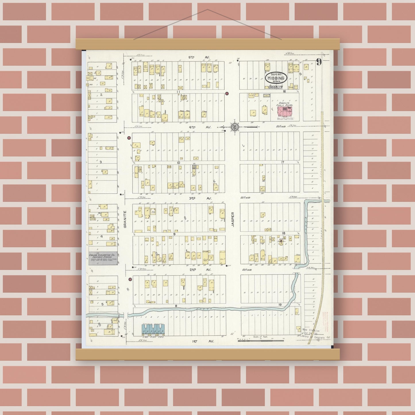 Old map wall art mockup — magnetic wood frame on brick wall — Sanborn Fire Insurance Map from Hibbing, Saint Louis County, Minnesota (1913), Sheet #0009