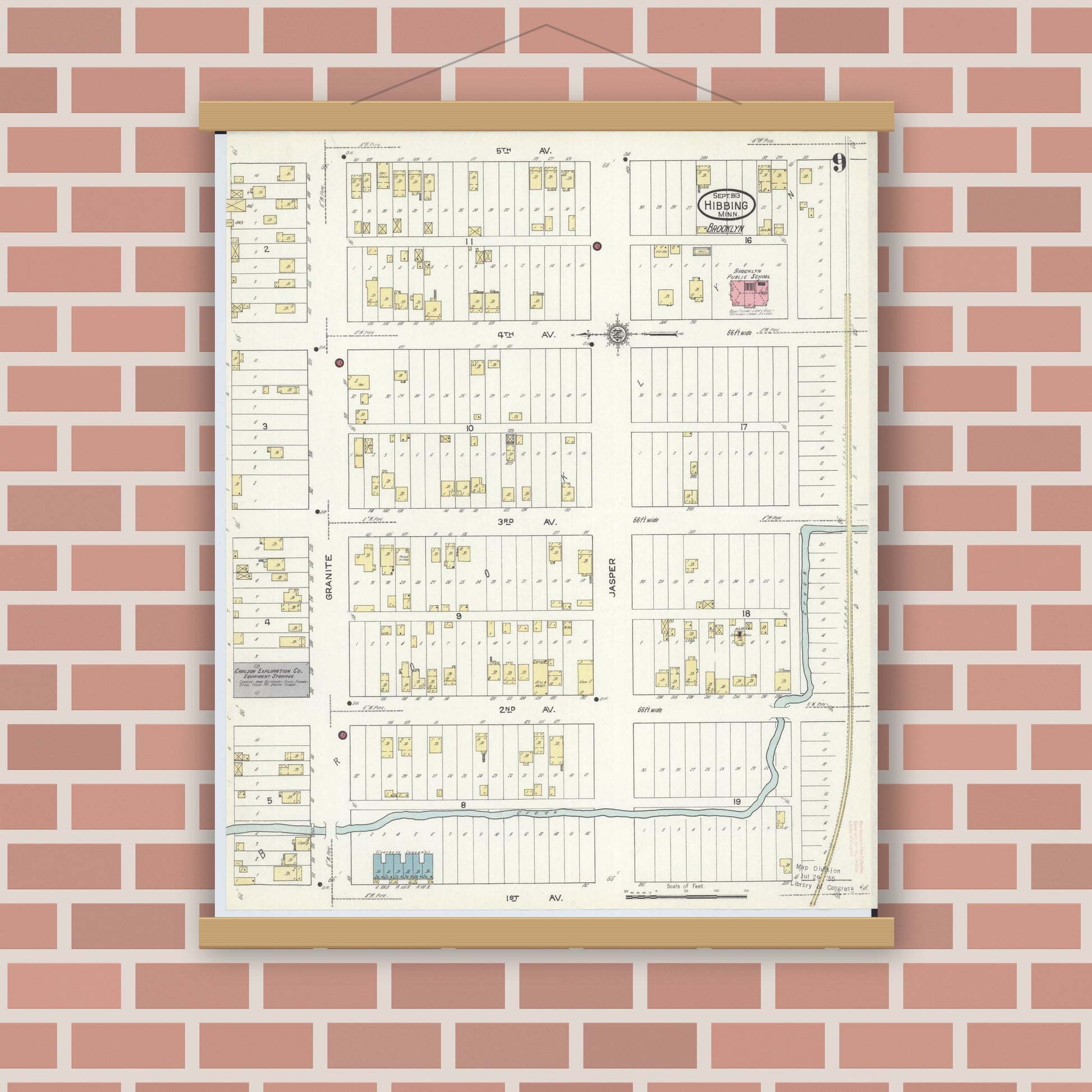 Old map wall art mockup — magnetic wood frame on brick wall — Sanborn Fire Insurance Map from Hibbing, Saint Louis County, Minnesota (1913), Sheet #0009