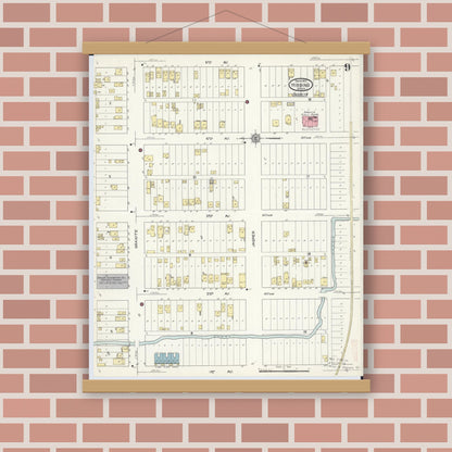 Old map wall art mockup — magnetic wood frame on brick wall — Sanborn Fire Insurance Map from Hibbing, Saint Louis County, Minnesota (1913), Sheet #0009