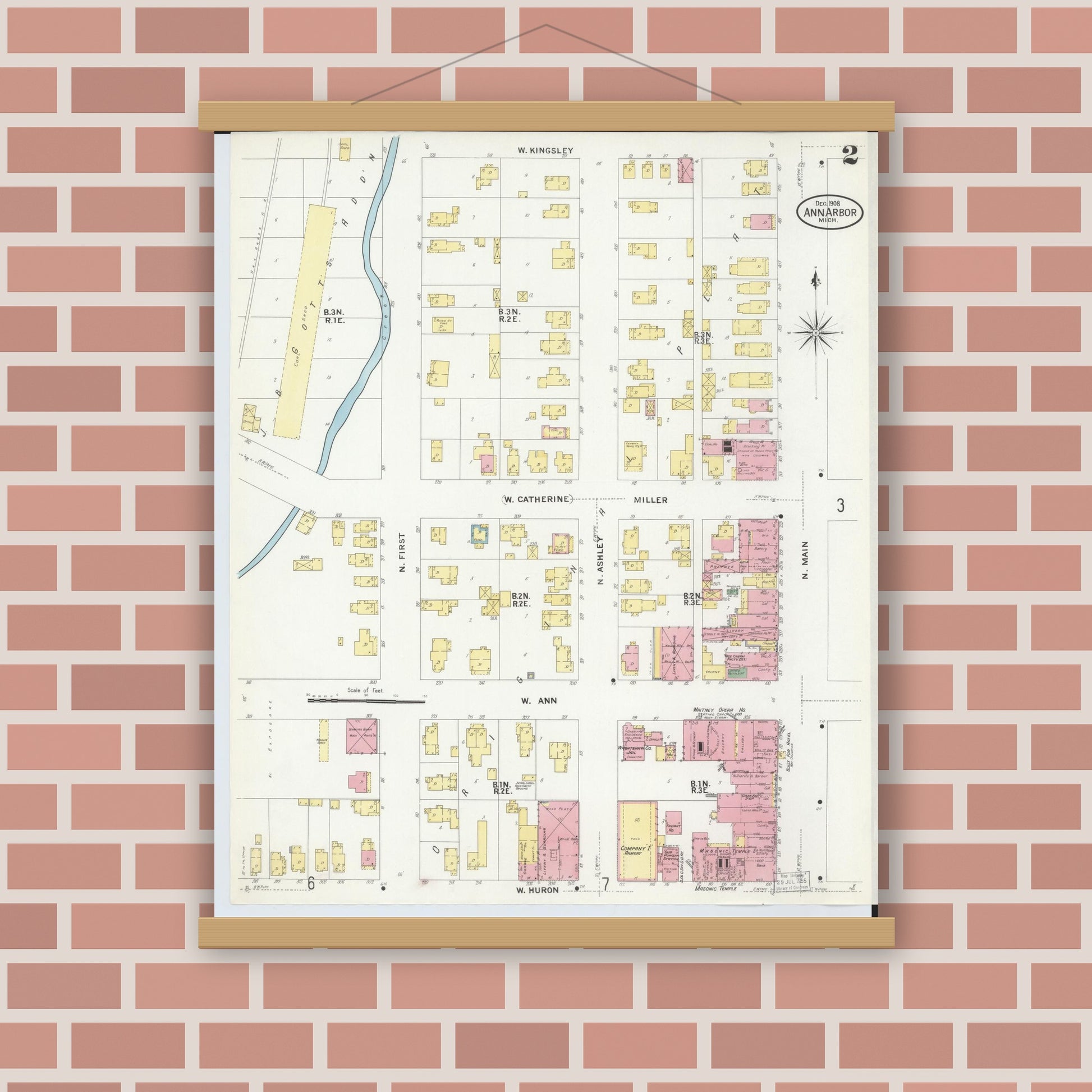 Old map wall art mockup — magnetic wood frame on brick wall — Sanborn Fire Insurance Map from Ann Arbor, Washtenaw County, Michigan (1908), Sheet #0002