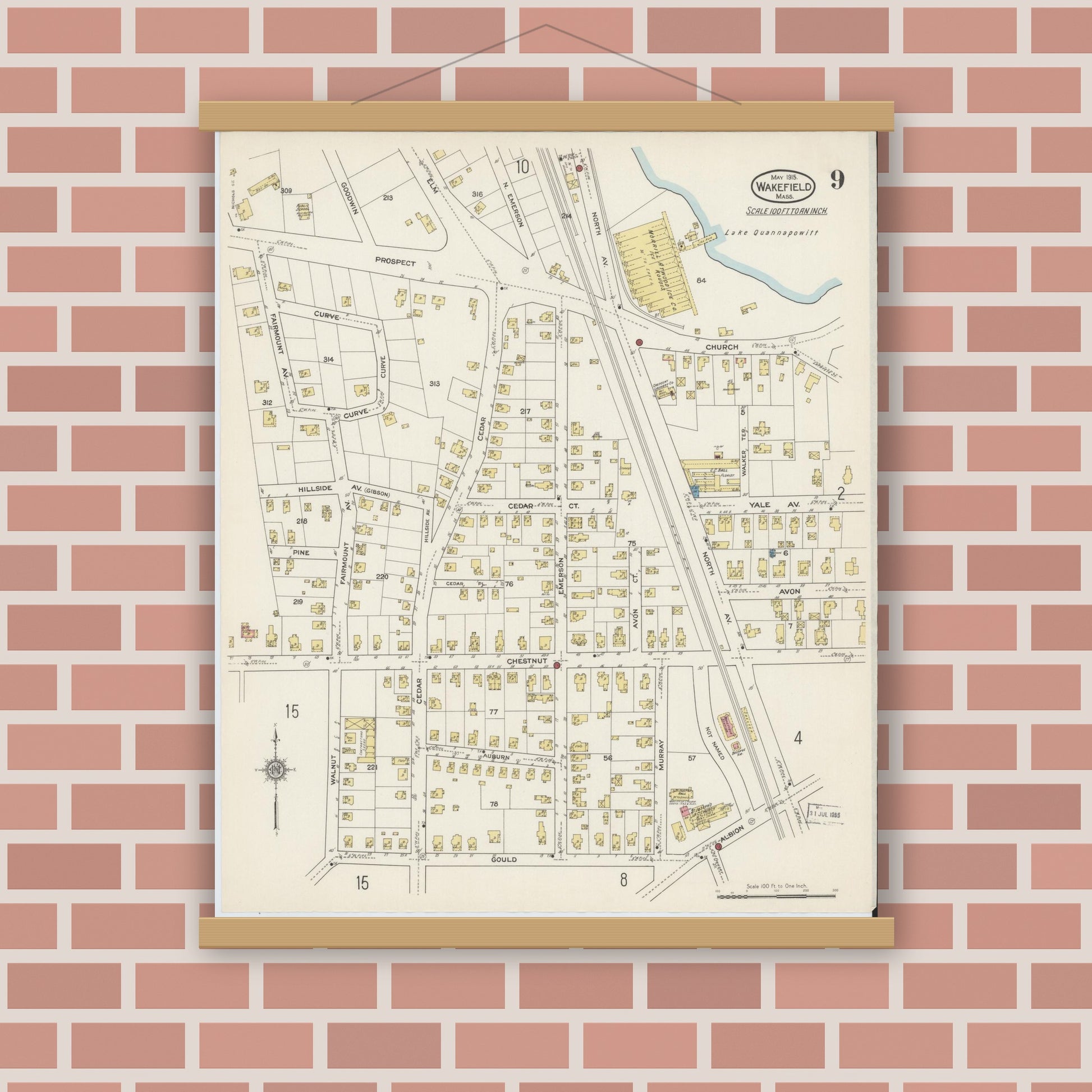 Old map wall art mockup — magnetic wood frame on brick wall — Sanborn Fire Insurance Map from Wakefield, Middlesex County, Massachusetts (1915), Sheet #0009