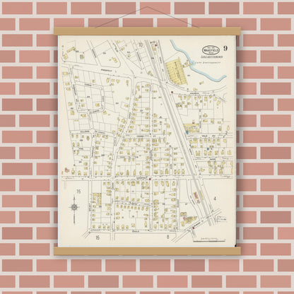 Old map wall art mockup — magnetic wood frame on brick wall — Sanborn Fire Insurance Map from Wakefield, Middlesex County, Massachusetts (1915), Sheet #0009