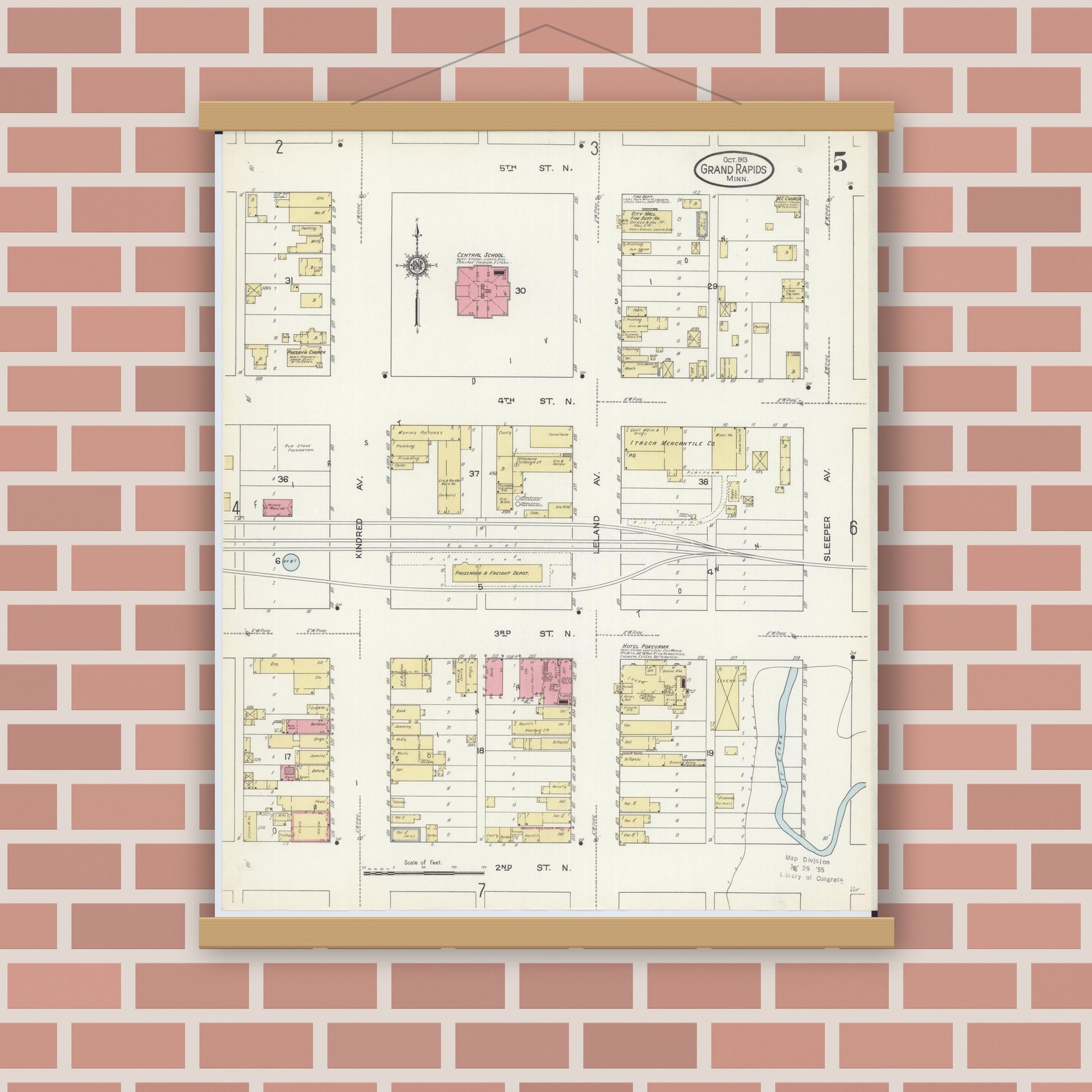 Old map wall art mockup — magnetic wood frame on brick wall — Sanborn Fire Insurance Map from Grand Rapids, Itasca County, Minnesota (1913), Sheet #0005