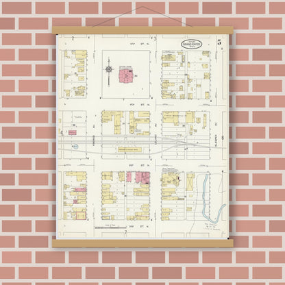 Old map wall art mockup — magnetic wood frame on brick wall — Sanborn Fire Insurance Map from Grand Rapids, Itasca County, Minnesota (1913), Sheet #0005