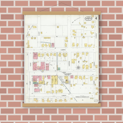 Old map wall art mockup — magnetic wood frame on brick wall — Sanborn Fire Insurance Map from Greenfield, Hancock County, Indiana (1900), Sheet #0004