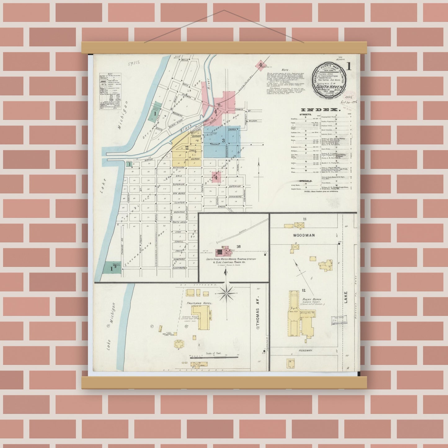 Old map wall art mockup — magnetic wood frame on brick wall — Sanborn Fire Insurance Map from South Haven, Van Buren County, Michigan (1896), Sheet #0001