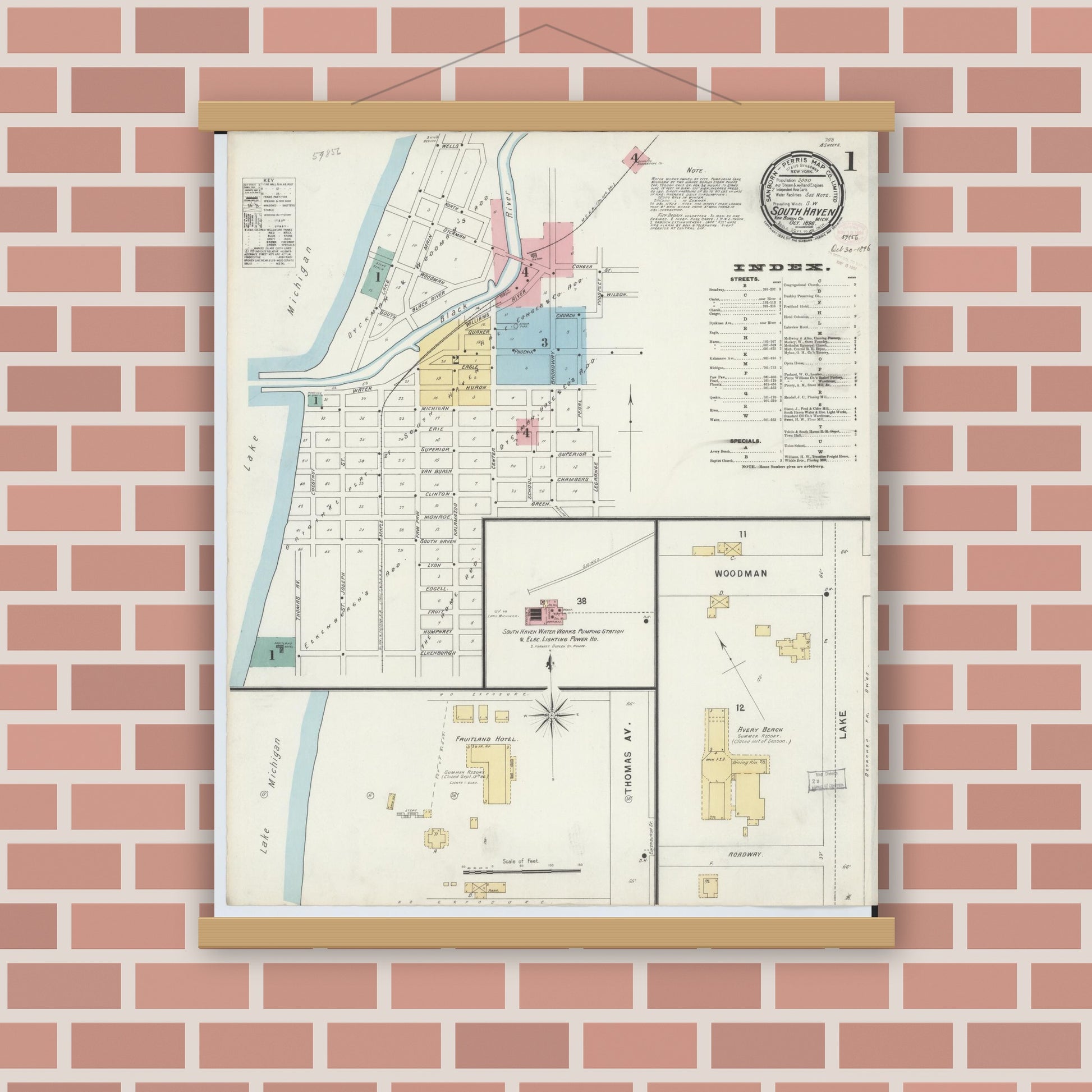 Old map wall art mockup — magnetic wood frame on brick wall — Sanborn Fire Insurance Map from South Haven, Van Buren County, Michigan (1896), Sheet #0001