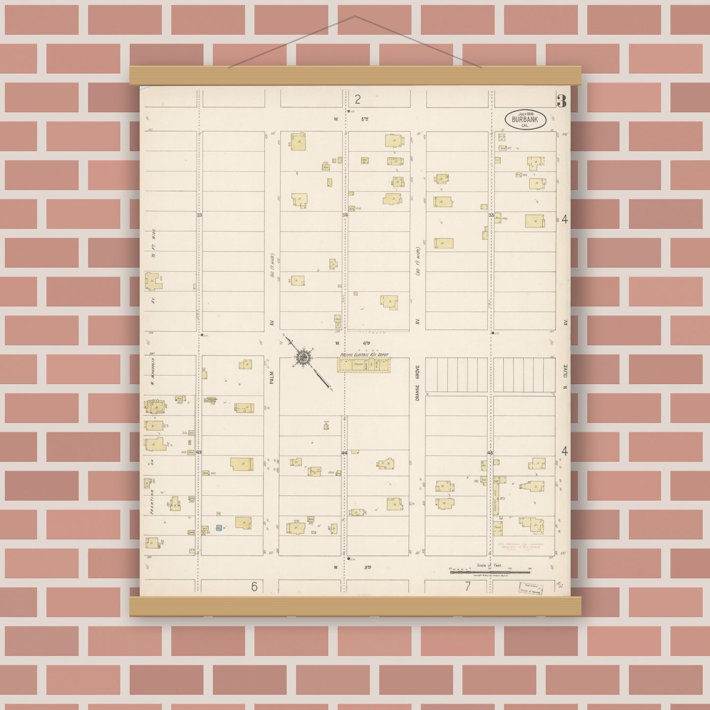 Old map wall art mockup — magnetic wood frame on brick wall — Sanborn Fire Insurance Map from Burbank, Los Angeles County, California (1918), Sheet #0003