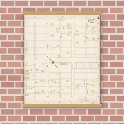 Old map wall art mockup — magnetic wood frame on brick wall — Sanborn Fire Insurance Map from Burbank, Los Angeles County, California (1918), Sheet #0003