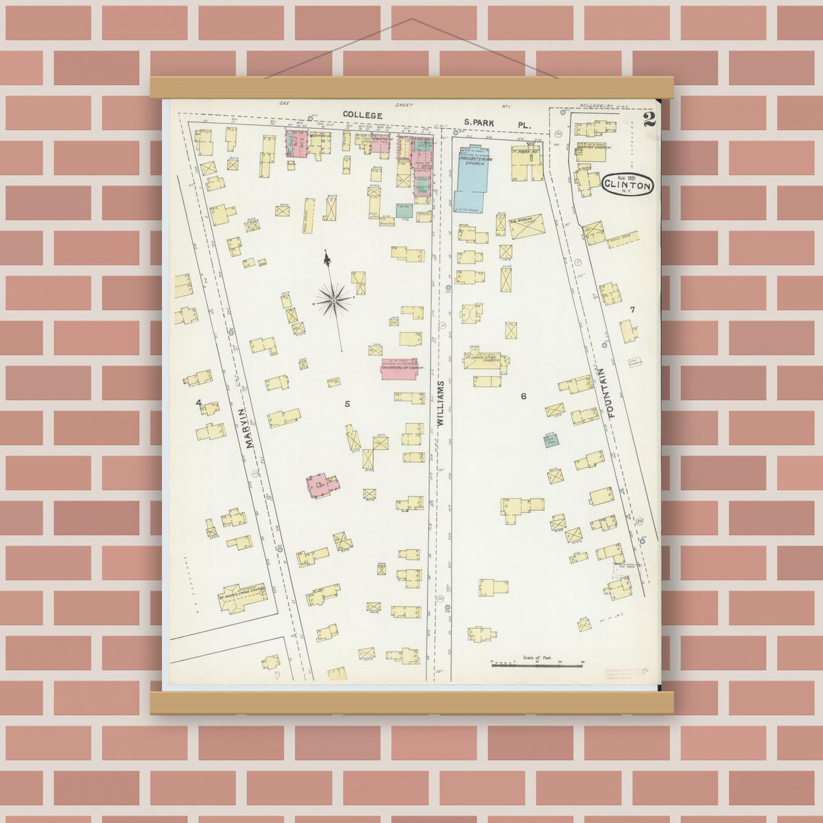 Old map wall art mockup — magnetic wood frame on brick wall — Sanborn Fire Insurance Map from Clinton, Oneida County, New York (1891), Sheet #0002