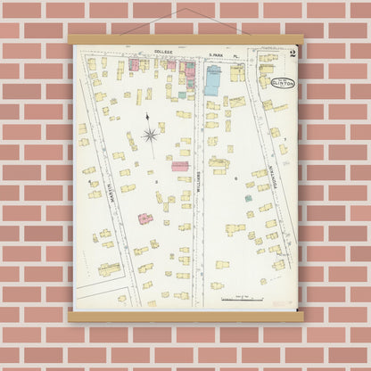 Old map wall art mockup — magnetic wood frame on brick wall — Sanborn Fire Insurance Map from Clinton, Oneida County, New York (1891), Sheet #0002