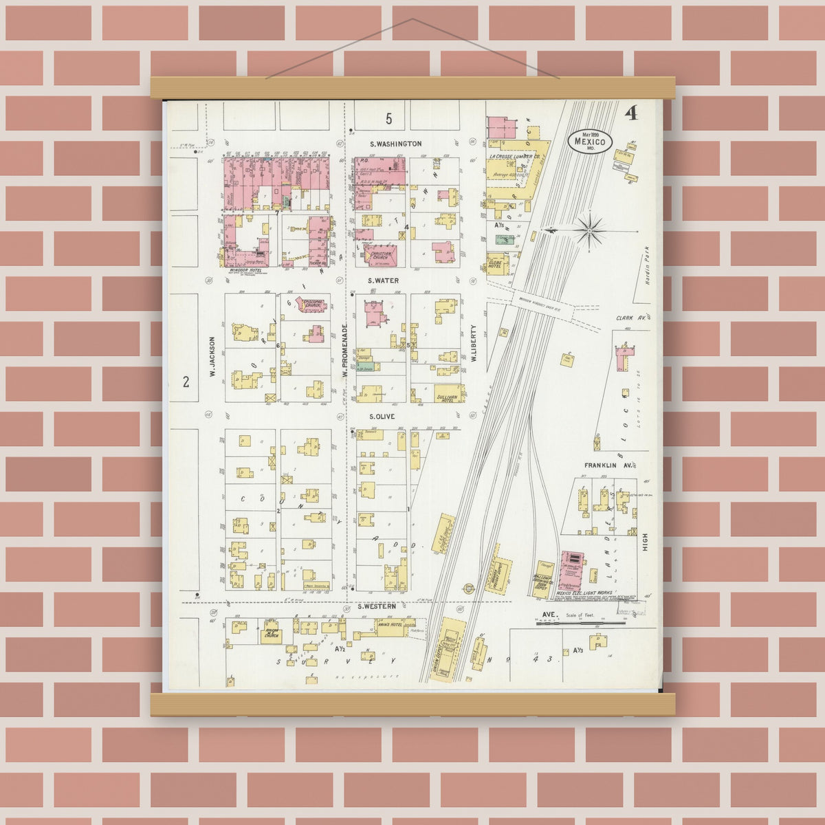Old map wall art mockup — magnetic wood frame on brick wall — Sanborn Fire Insurance Map from Mexico, Audrain County, Missouri (1899), Sheet #0004