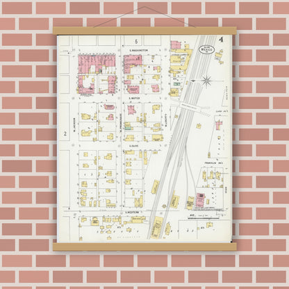 Old map wall art mockup — magnetic wood frame on brick wall — Sanborn Fire Insurance Map from Mexico, Audrain County, Missouri (1899), Sheet #0004