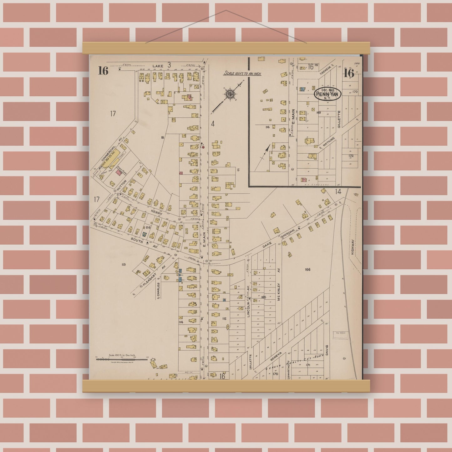 Old map wall art mockup — magnetic wood frame on brick wall — Sanborn Fire Insurance Map from Penn Yan, Yates County, New York (1922), Sheet #0016
