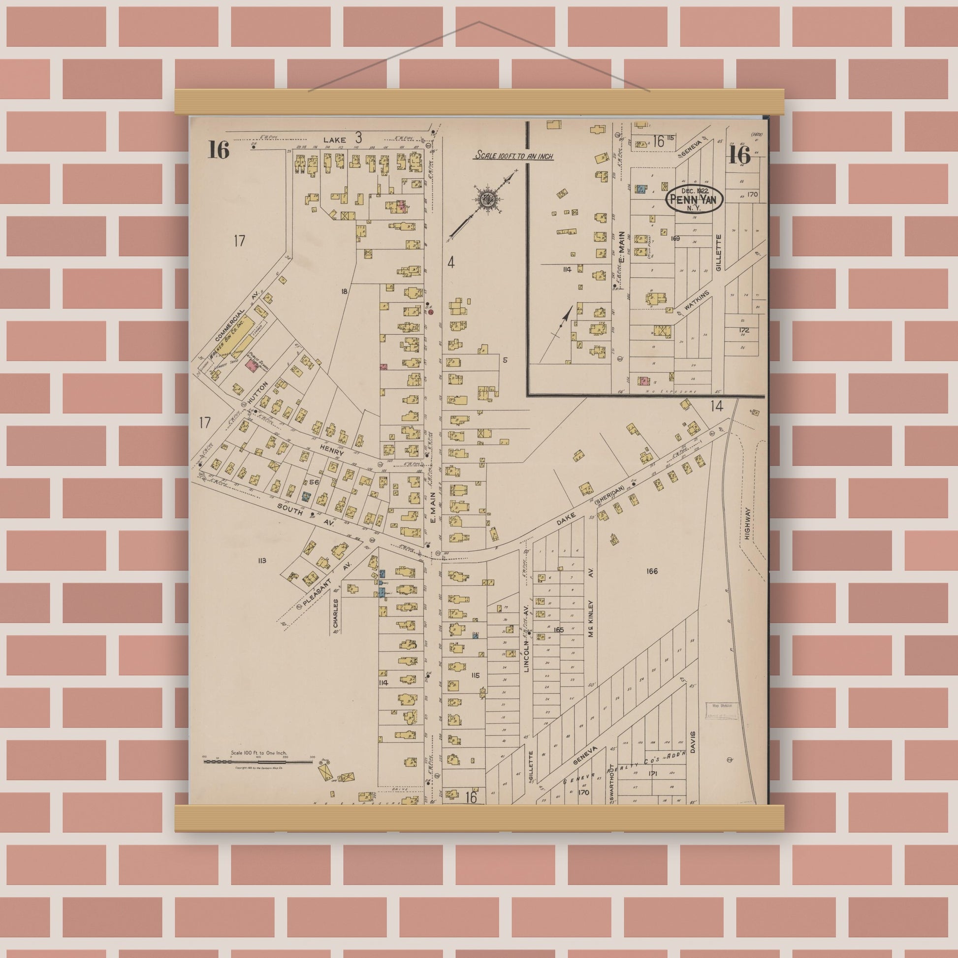 Old map wall art mockup — magnetic wood frame on brick wall — Sanborn Fire Insurance Map from Penn Yan, Yates County, New York (1922), Sheet #0016