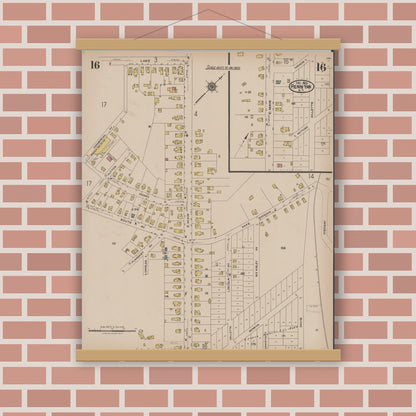 Old map wall art mockup — magnetic wood frame on brick wall — Sanborn Fire Insurance Map from Penn Yan, Yates County, New York (1922), Sheet #0016