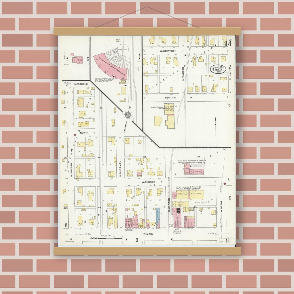 Old map wall art mockup — magnetic wood frame on brick wall — Sanborn Fire Insurance Map from Brazil, Clay County, Indiana (1910), Sheet #0014