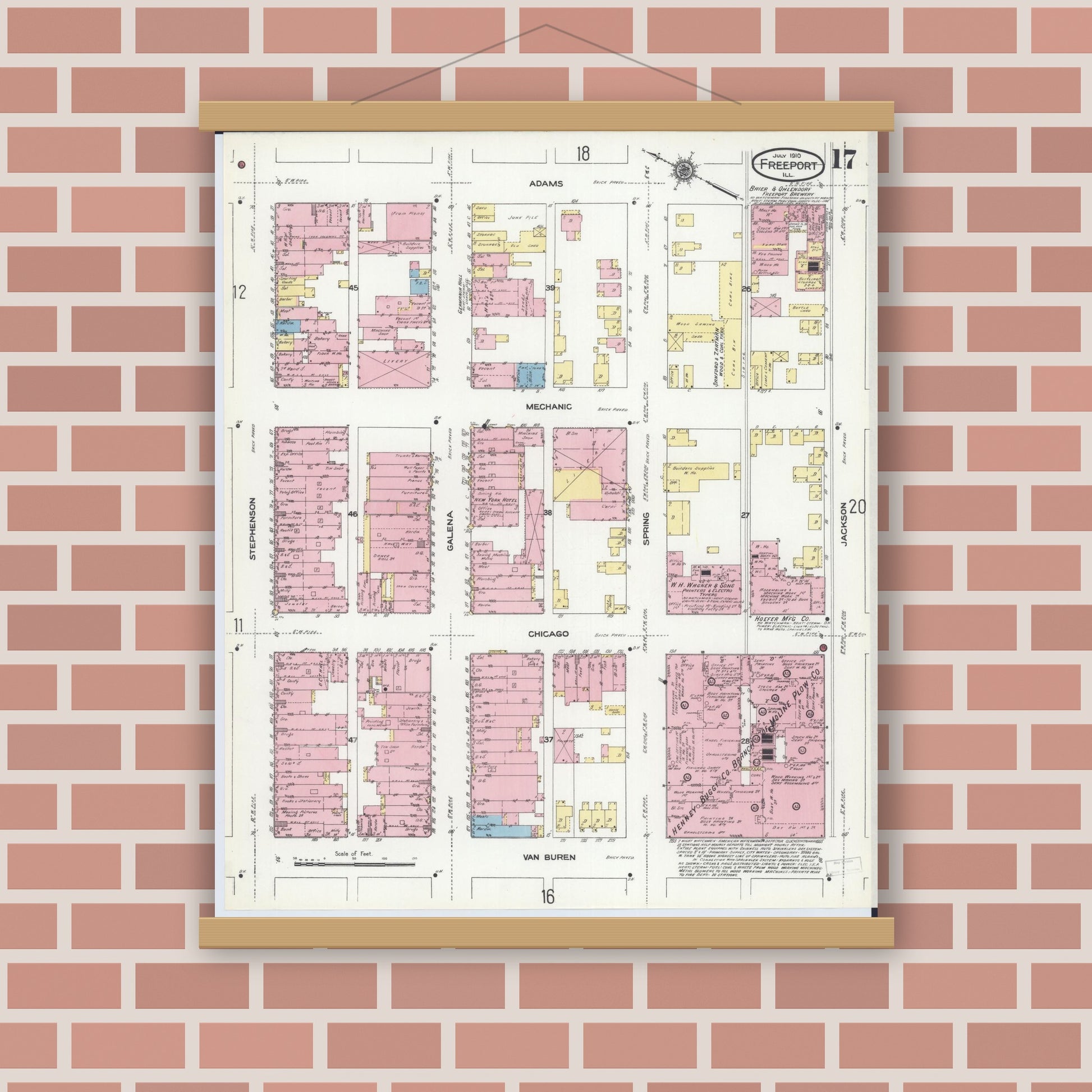Old map wall art mockup — magnetic wood frame on brick wall — Sanborn Fire Insurance Map from Freeport, Stephenson County, Illinois (1910), Sheet #0017