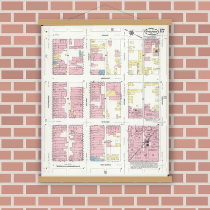 Old map wall art mockup — magnetic wood frame on brick wall — Sanborn Fire Insurance Map from Freeport, Stephenson County, Illinois (1910), Sheet #0017
