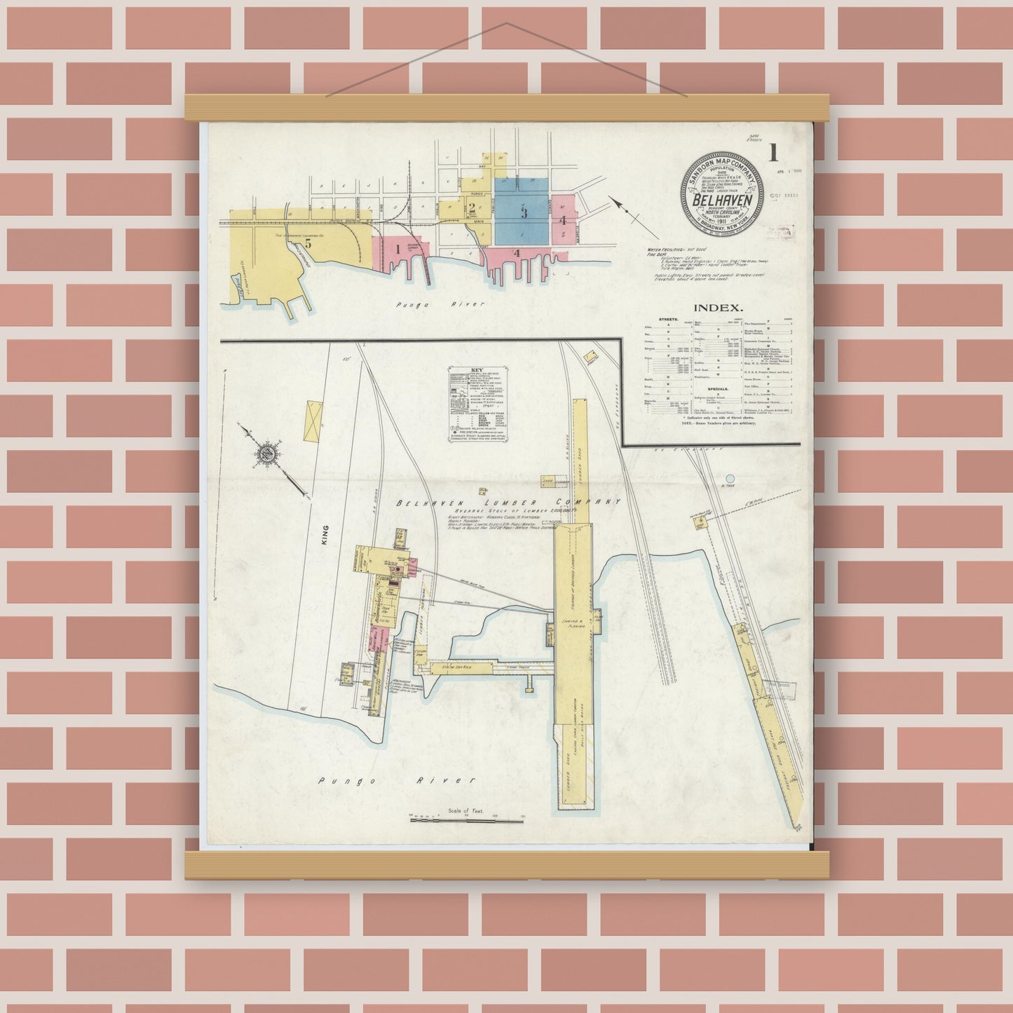 Old map wall art mockup — magnetic wood frame on brick wall — Sanborn Fire Insurance Map from Belhaven, Beaufort County, North Carolina (1911) - Complete Map Set