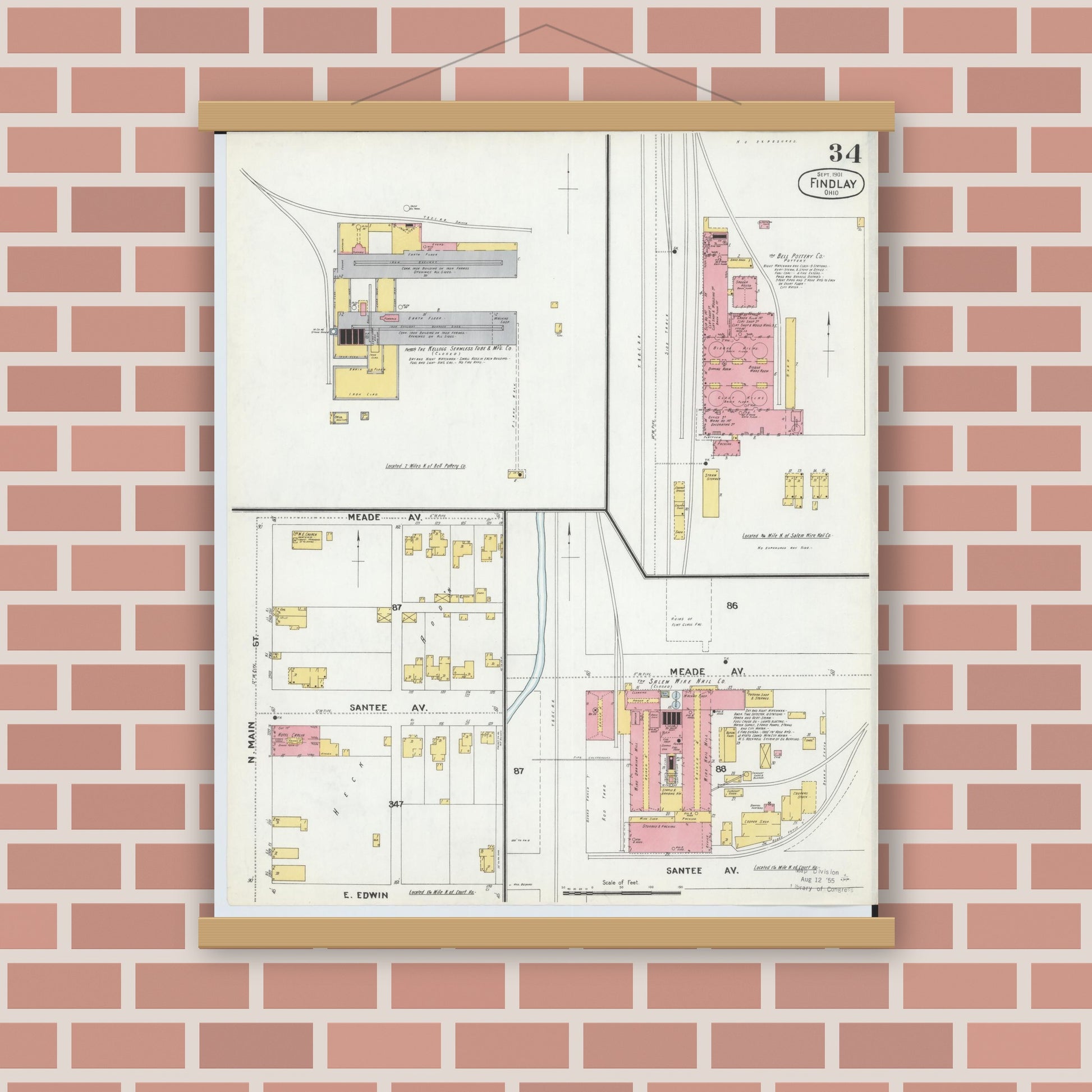 Old map wall art mockup — magnetic wood frame on brick wall — Sanborn Fire Insurance Map from Findlay, Hancock County, Ohio (1901), Sheet #0034