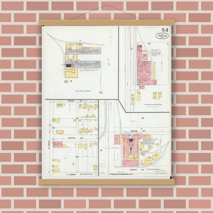Old map wall art mockup — magnetic wood frame on brick wall — Sanborn Fire Insurance Map from Findlay, Hancock County, Ohio (1901), Sheet #0034