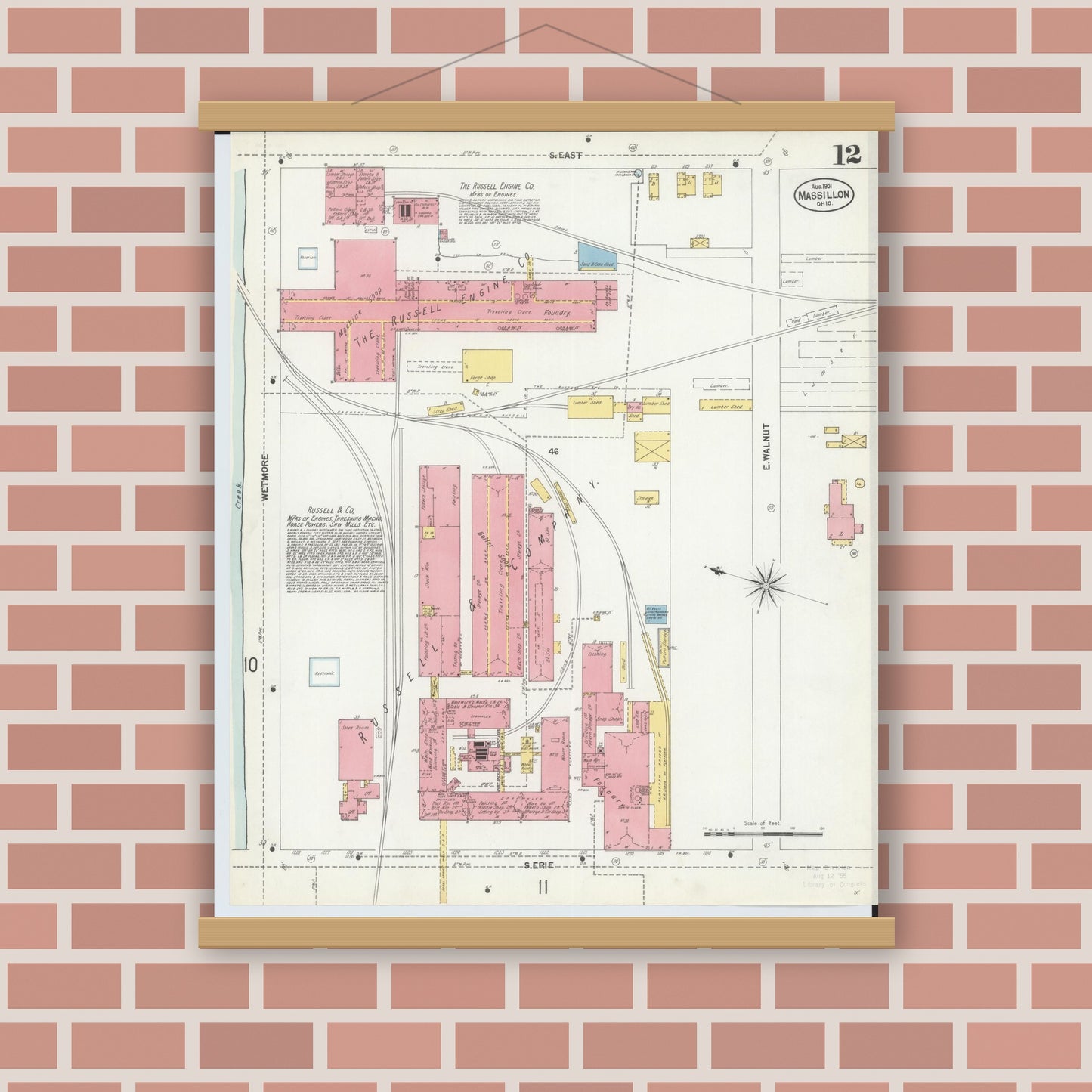 Old map wall art mockup — magnetic wood frame on brick wall — Sanborn Fire Insurance Map from Massillon, Stark County, Ohio (1901), Sheet #0012