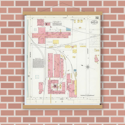 Old map wall art mockup — magnetic wood frame on brick wall — Sanborn Fire Insurance Map from Massillon, Stark County, Ohio (1901), Sheet #0012