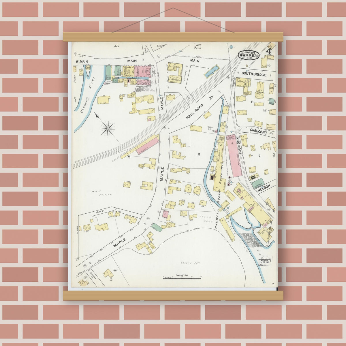 Old map wall art mockup — magnetic wood frame on brick wall — Sanborn Fire Insurance Map from Warren, Worcester County, Massachusetts (1892), Sheet #0004