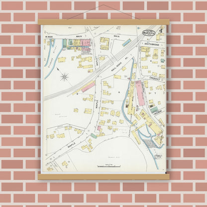 Old map wall art mockup — magnetic wood frame on brick wall — Sanborn Fire Insurance Map from Warren, Worcester County, Massachusetts (1892), Sheet #0004