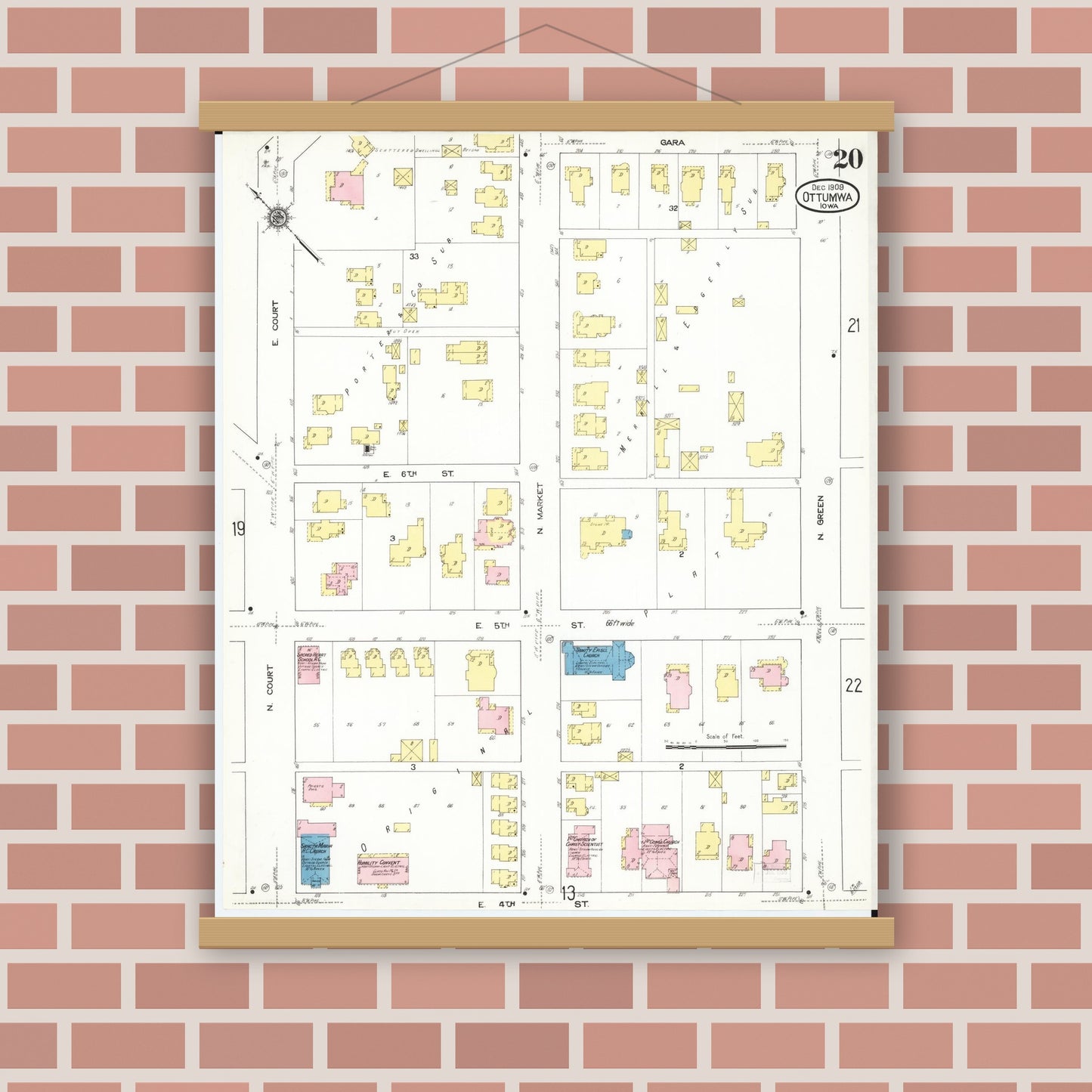 Old map wall art mockup — magnetic wood frame on brick wall — Sanborn Fire Insurance Map from Ottumwa, Wapello County, Iowa (1909), Sheet #0020