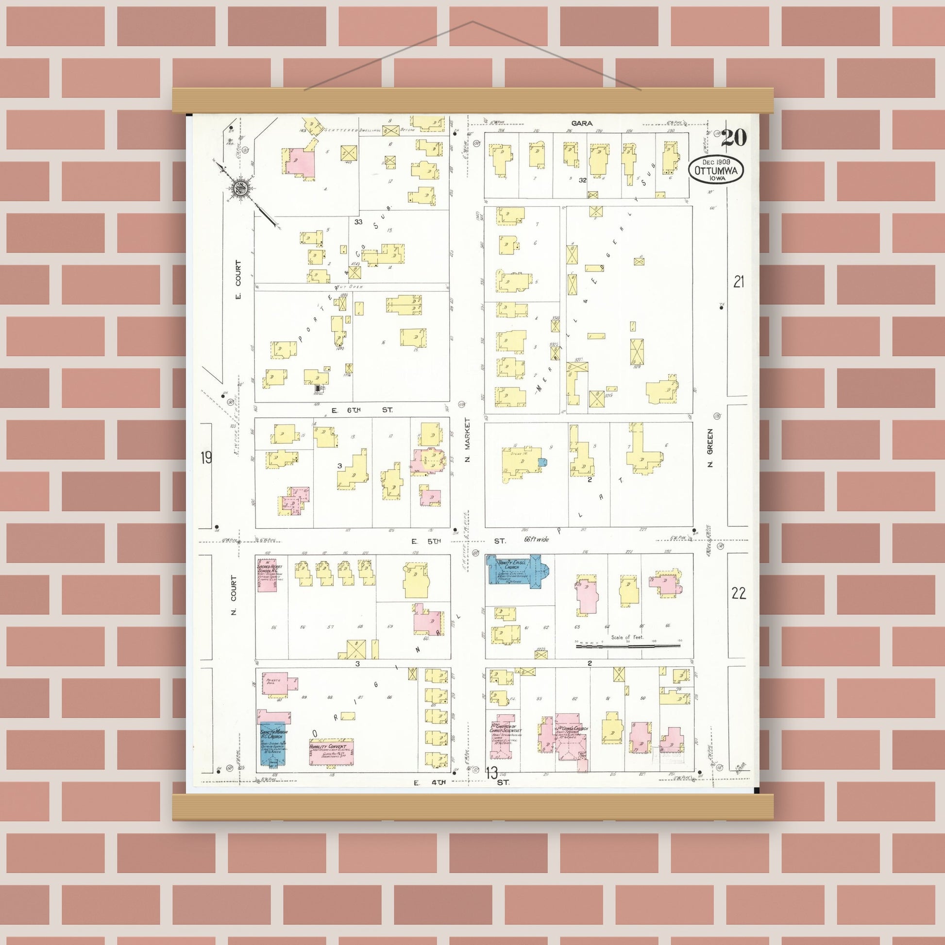 Old map wall art mockup — magnetic wood frame on brick wall — Sanborn Fire Insurance Map from Ottumwa, Wapello County, Iowa (1909), Sheet #0020