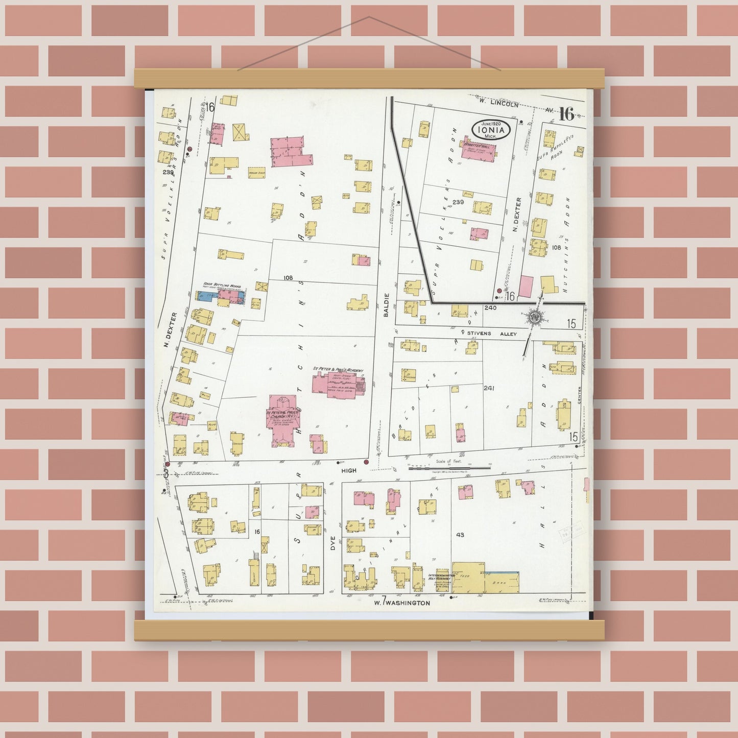 Old map wall art mockup — magnetic wood frame on brick wall — Sanborn Fire Insurance Map from Ionia, Ionia County, Michigan (1920), Sheet #0016