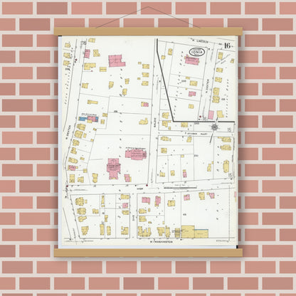 Old map wall art mockup — magnetic wood frame on brick wall — Sanborn Fire Insurance Map from Ionia, Ionia County, Michigan (1920), Sheet #0016