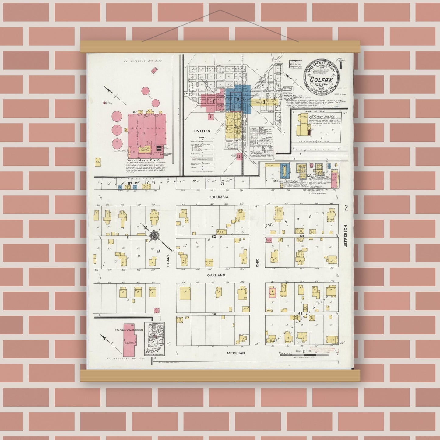 Old map wall art mockup — magnetic wood frame on brick wall — Sanborn Fire Insurance Map from Colfax, Clinton County, Indiana (1919), Sheet #0001