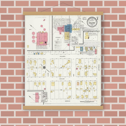 Old map wall art mockup — magnetic wood frame on brick wall — Sanborn Fire Insurance Map from Colfax, Clinton County, Indiana (1919), Sheet #0001