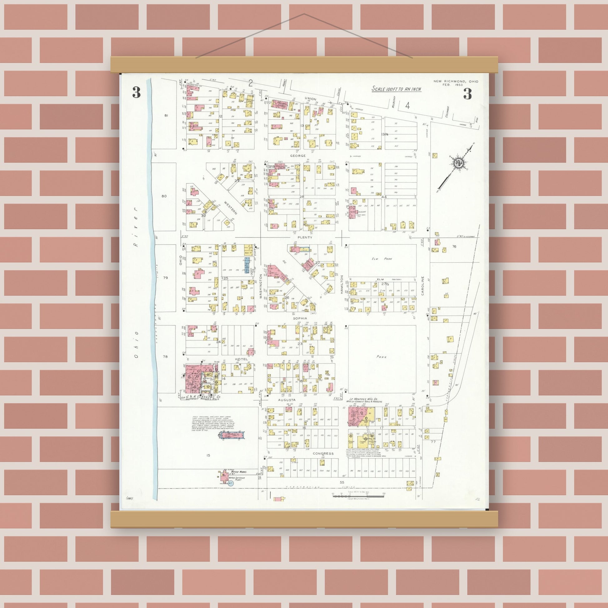 Old map wall art mockup — magnetic wood frame on brick wall — Sanborn Fire Insurance Map from New Richmond, Clermont County, Ohio (1933), Sheet #0003