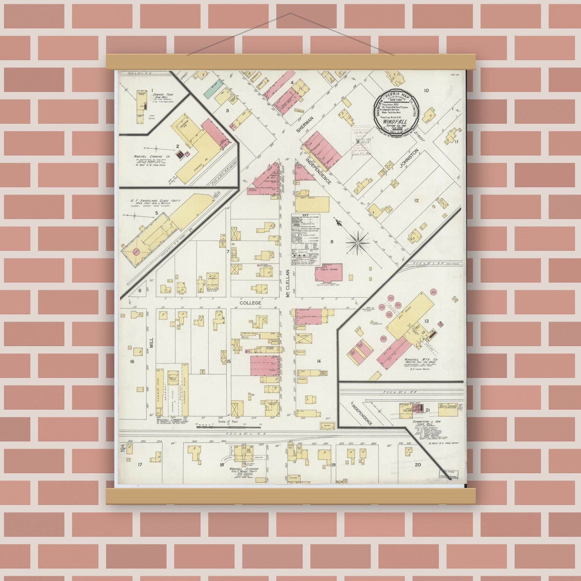 Old map wall art mockup — magnetic wood frame on brick wall — Sanborn Fire Insurance Map from Windfall, Tipton County, Indiana (1900), Sheet #0001