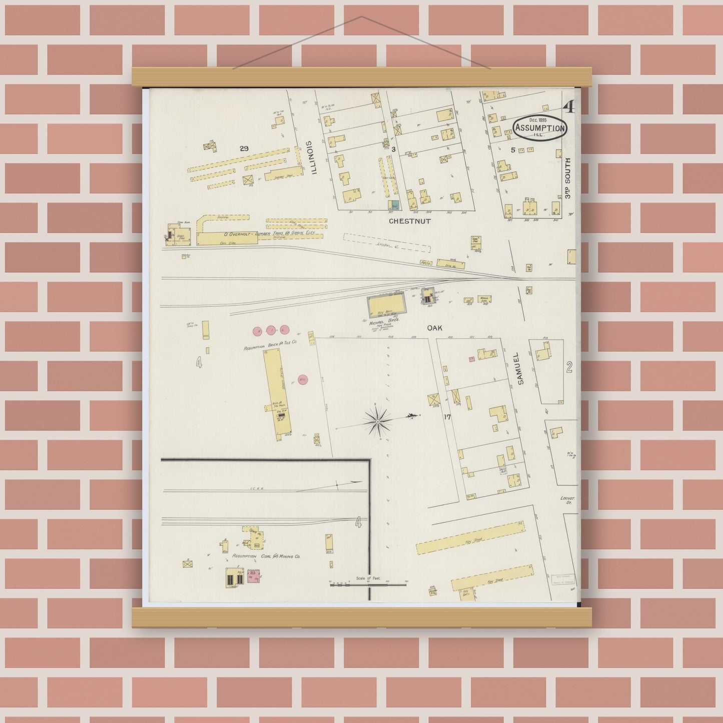 Old map wall art mockup — magnetic wood frame on brick wall — Sanborn Fire Insurance Map from Assumption, Christian County, Illinois (1893), Sheet #0004