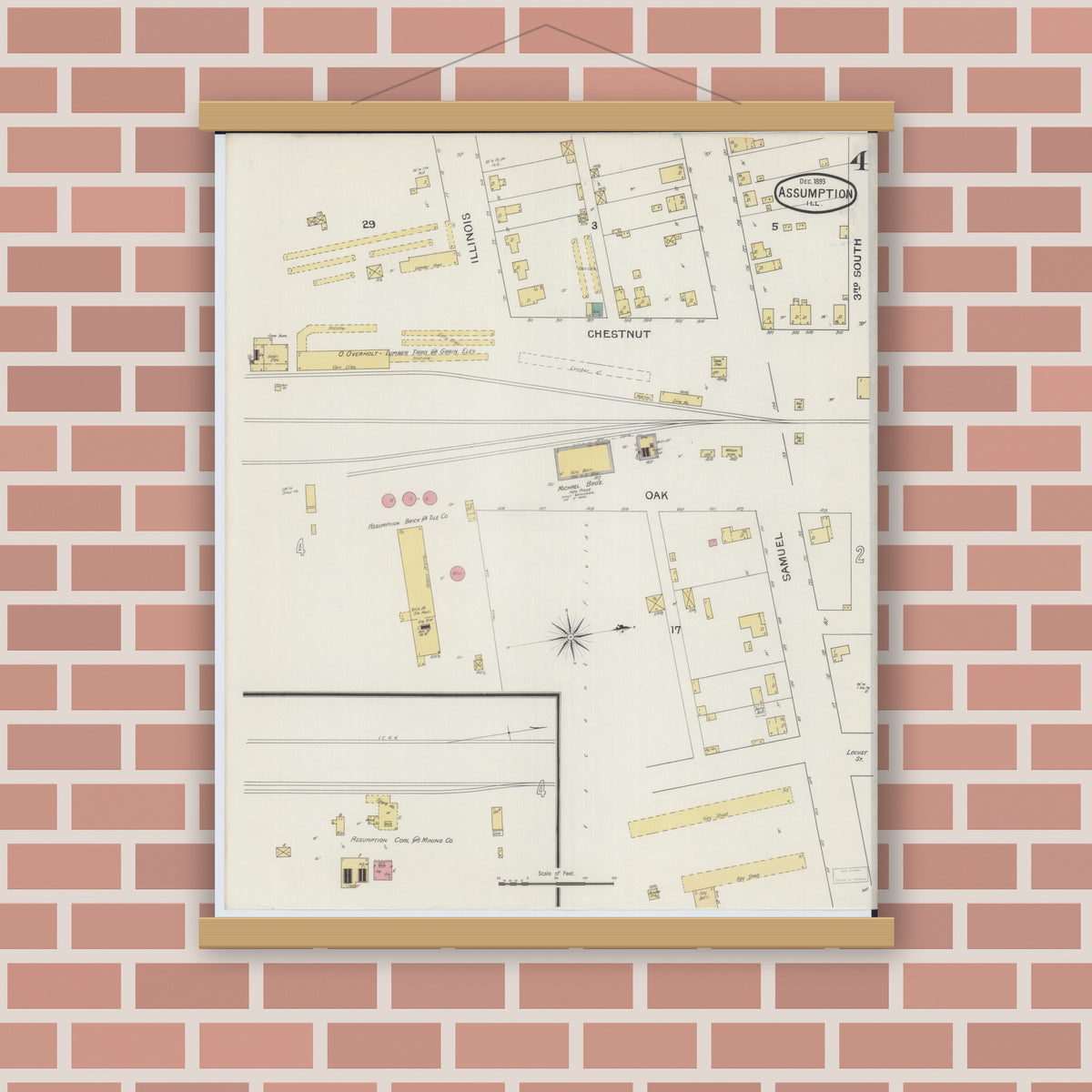 Old map wall art mockup — magnetic wood frame on brick wall — Sanborn Fire Insurance Map from Assumption, Christian County, Illinois (1893), Sheet #0004