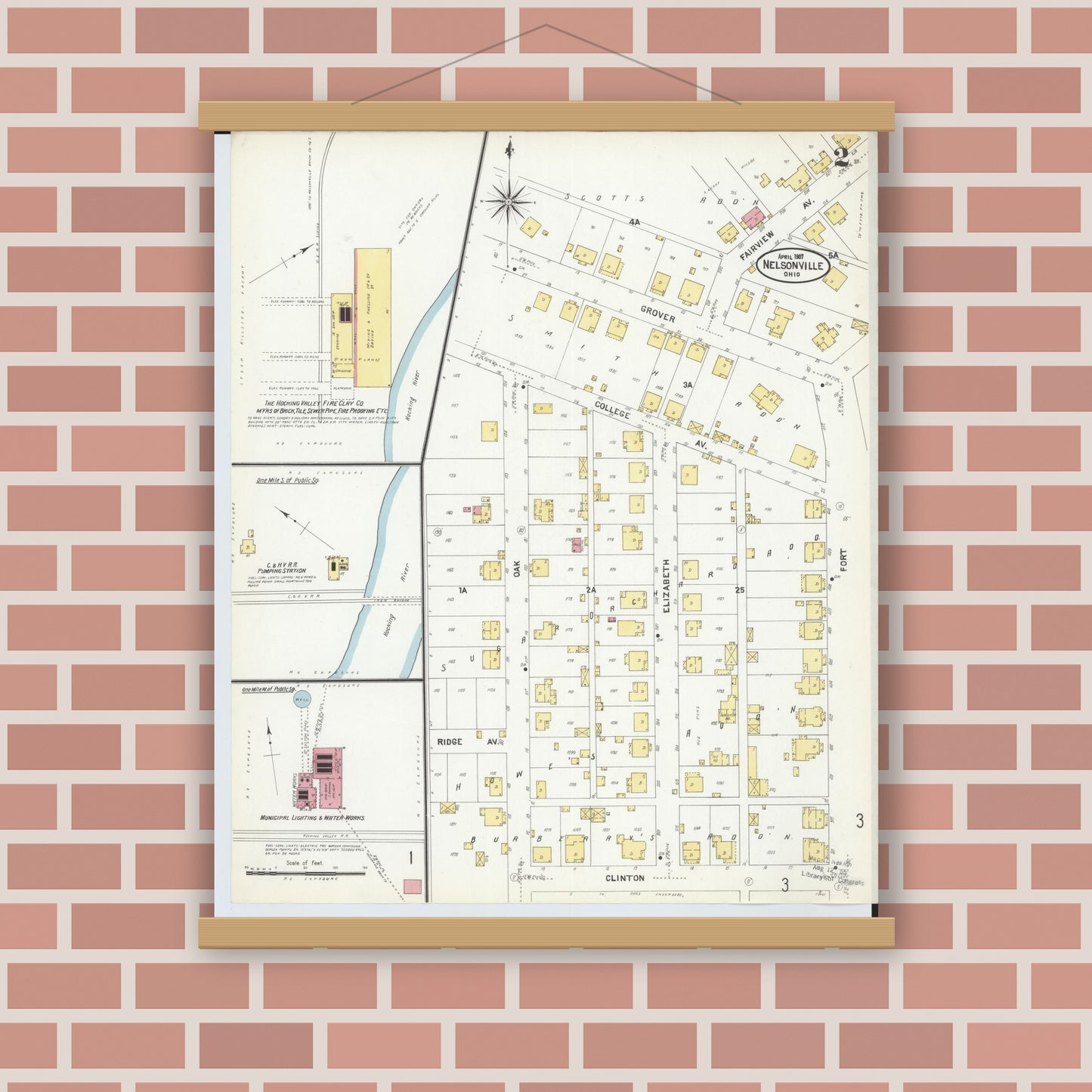 Old map wall art mockup — magnetic wood frame on brick wall — Sanborn Fire Insurance Map from Nelsonville, Athens County, Ohio (1907), Sheet #0002