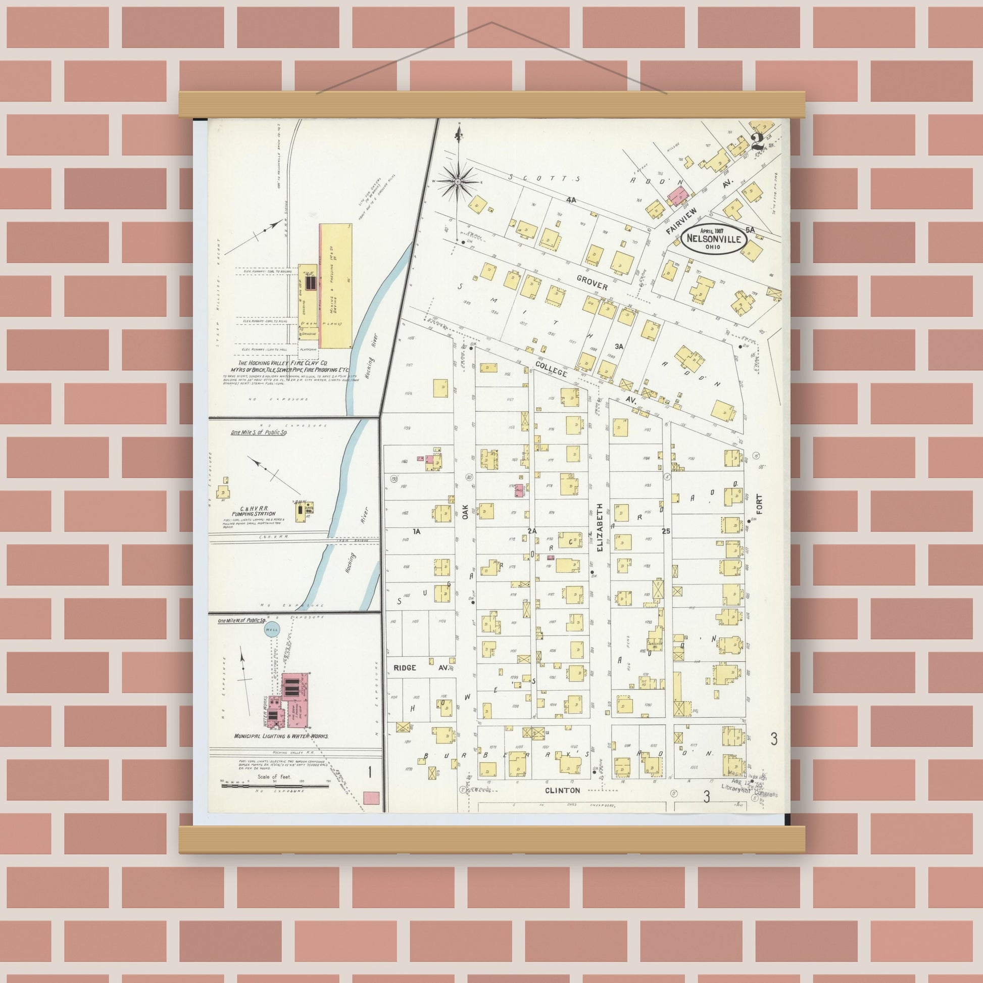 Old map wall art mockup — magnetic wood frame on brick wall — Sanborn Fire Insurance Map from Nelsonville, Athens County, Ohio (1907), Sheet #0002
